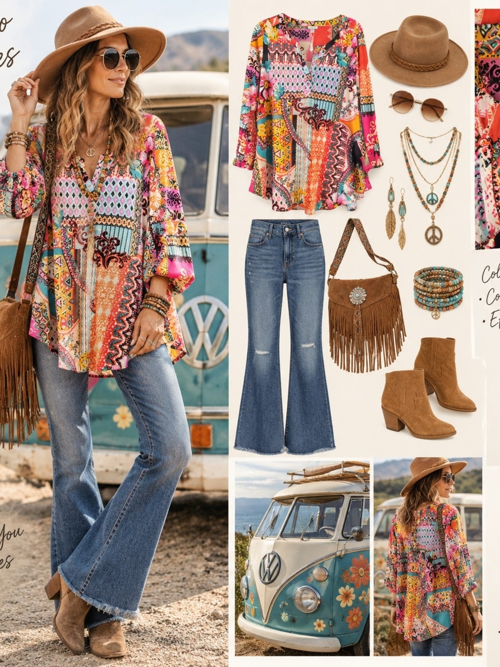 Spense Boho Patchwork Print Long Sleeve Tunic Top – Colorful Geometric